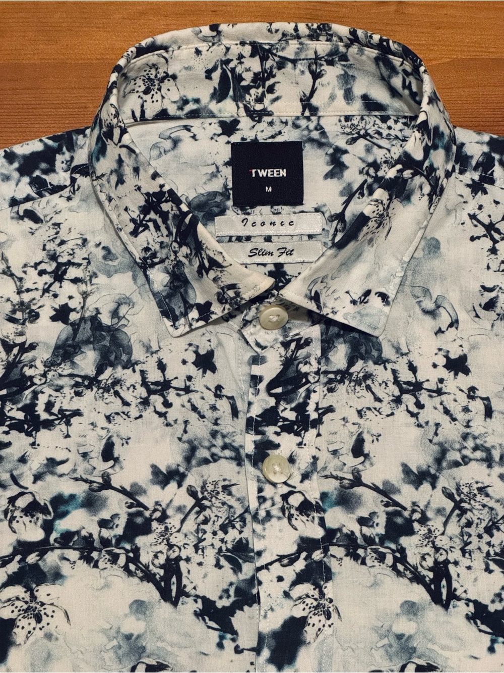 Twween Men’s Slim Button-Down Shirt in White with Black Floral Print